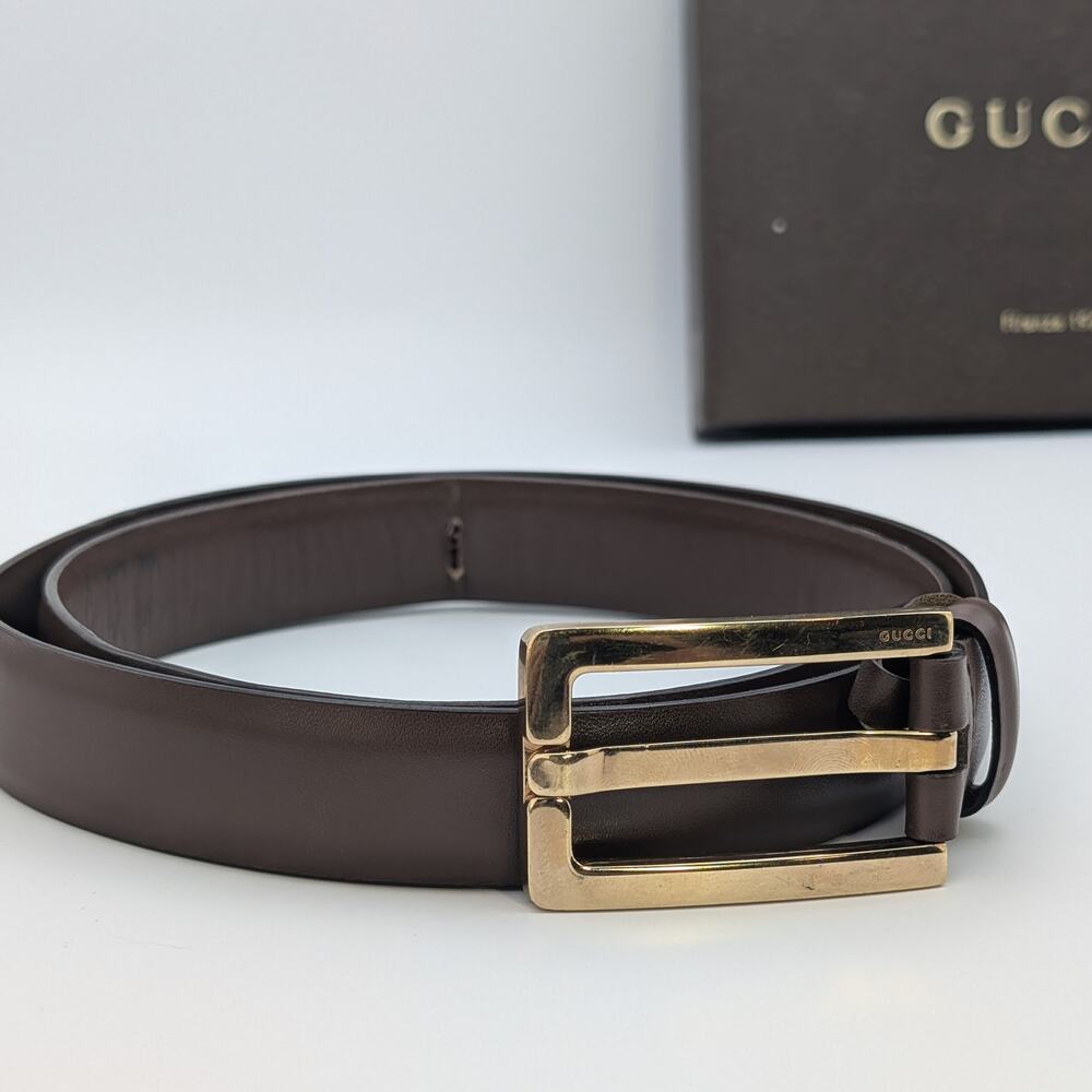 Authentic Gucci Brown Leather Belt w/ Golden Buckle & Original Box - Size 90/36